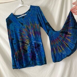 Bohemian hippie festival fairy indie blue tie dye bell sleeve viscose shirt